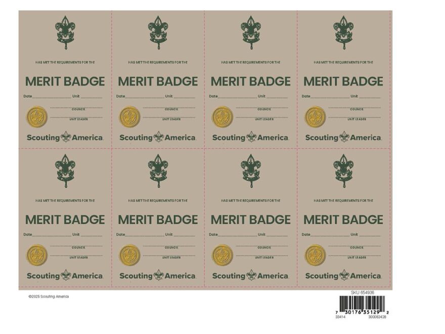 Scouts BSA Merit Badge Pocket Certificate 8 Sheet