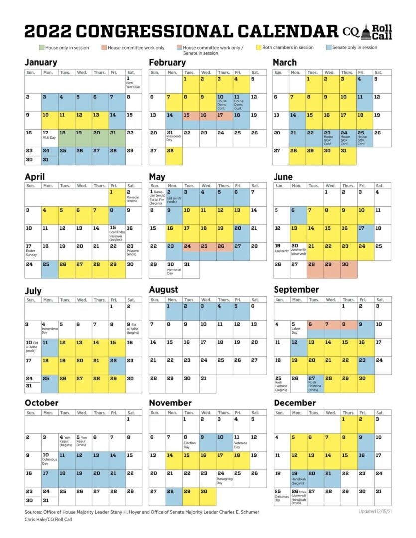 Senate Releases 2022 Calendar Roll Call