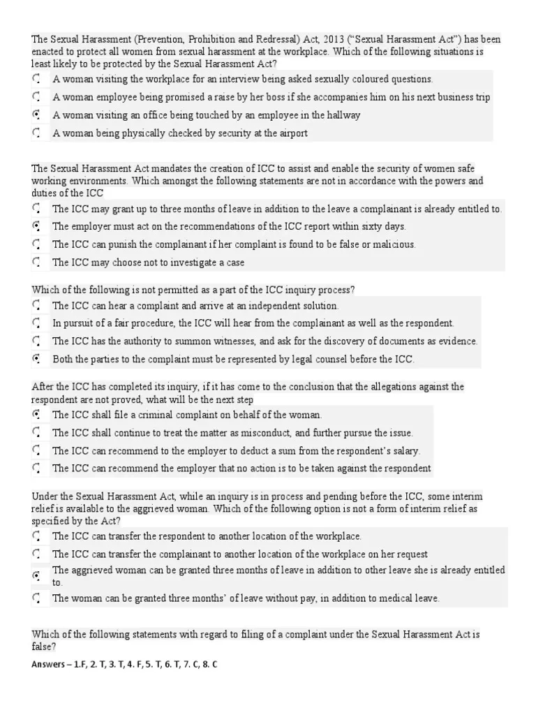 Sexual Harassment Printable Quiz Sexual Harassment Printable Quiz