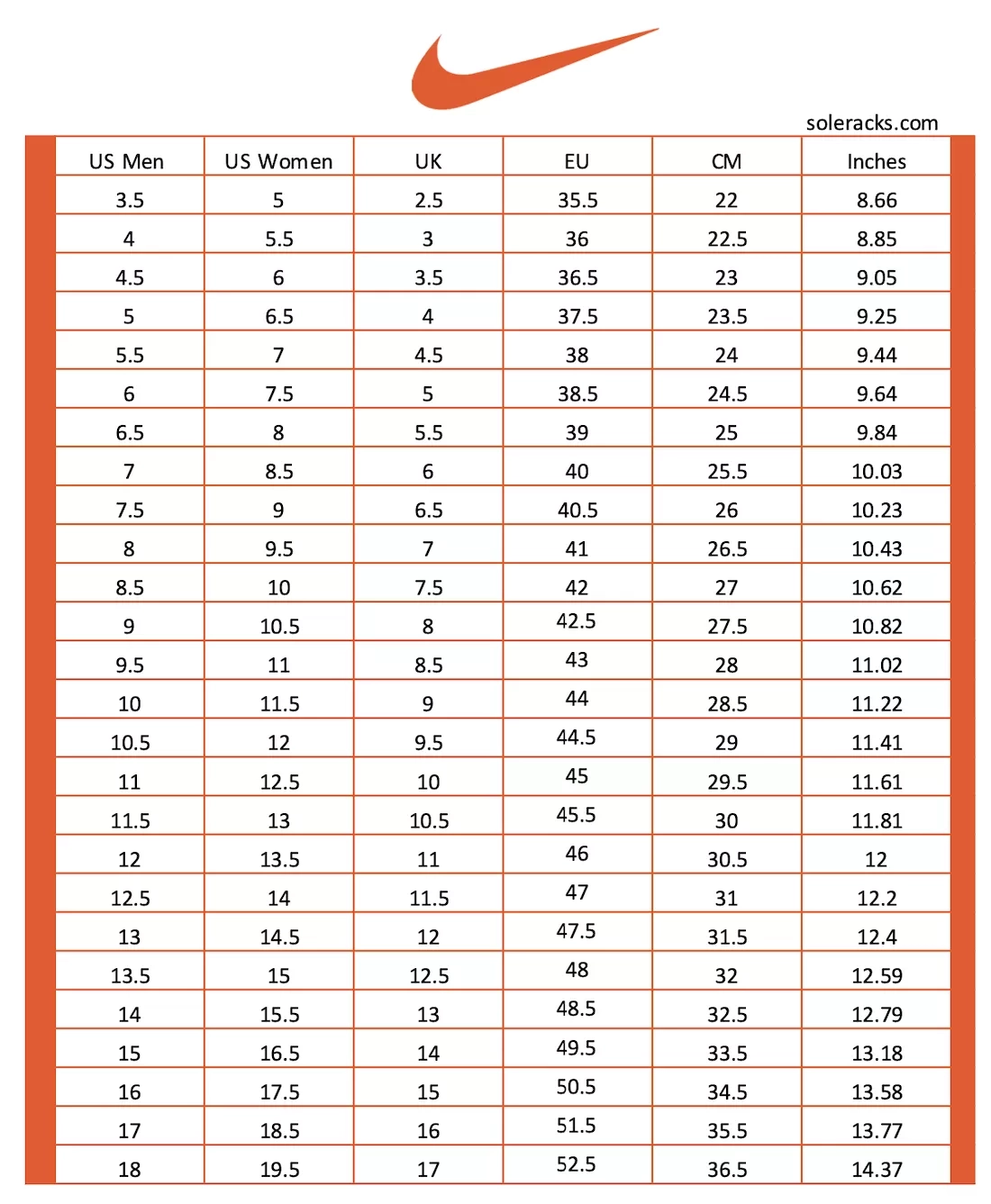 Nike Shoe Size Chart Printable Nike Shoe Size Chart Printable