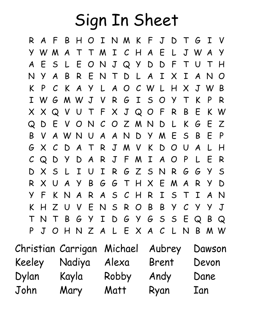 Sign In Sheet Word Search WordMint Sign In Sheet Word Search WordMint