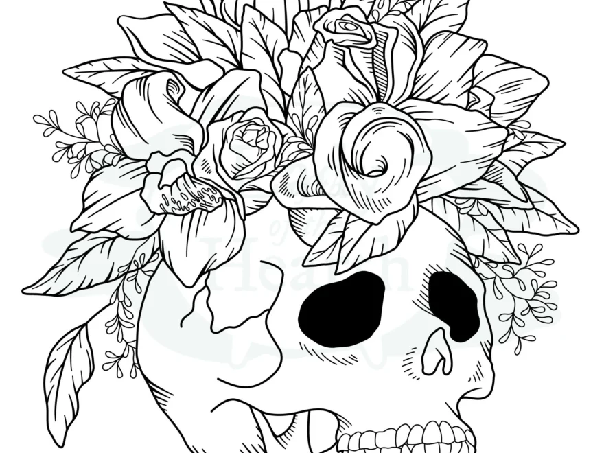 skull with flowers printable coloring page etsy uk