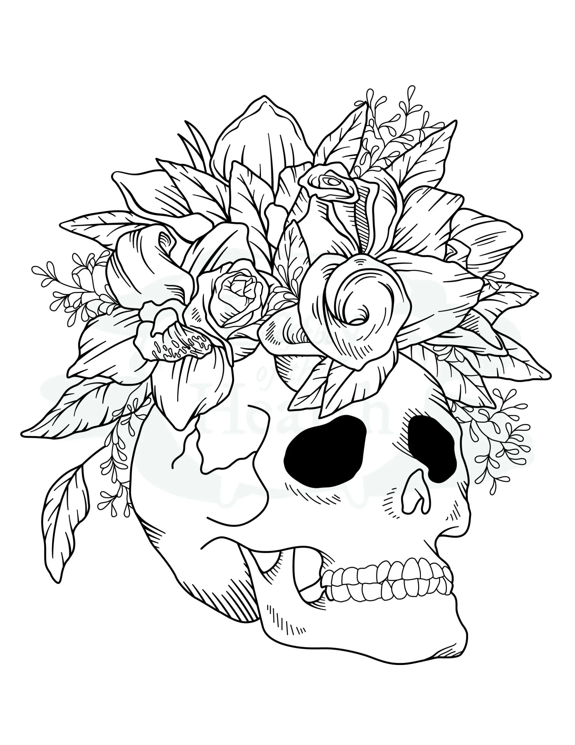 skull with flowers printable coloring page etsy uk