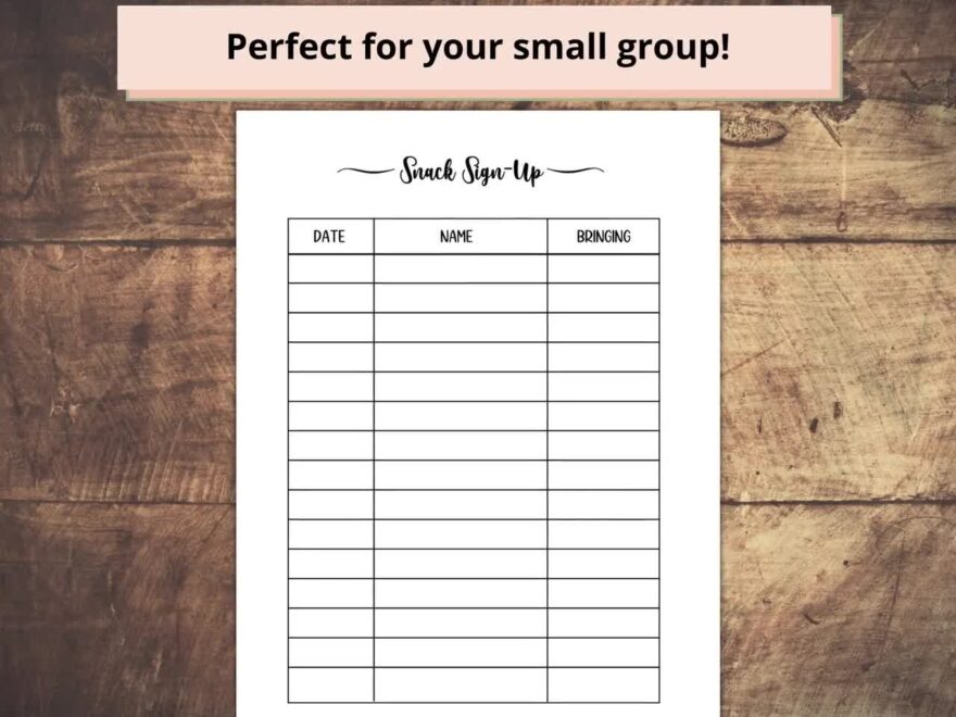 Snack Sign up Sheet Small Group amp Sunday School digital Download