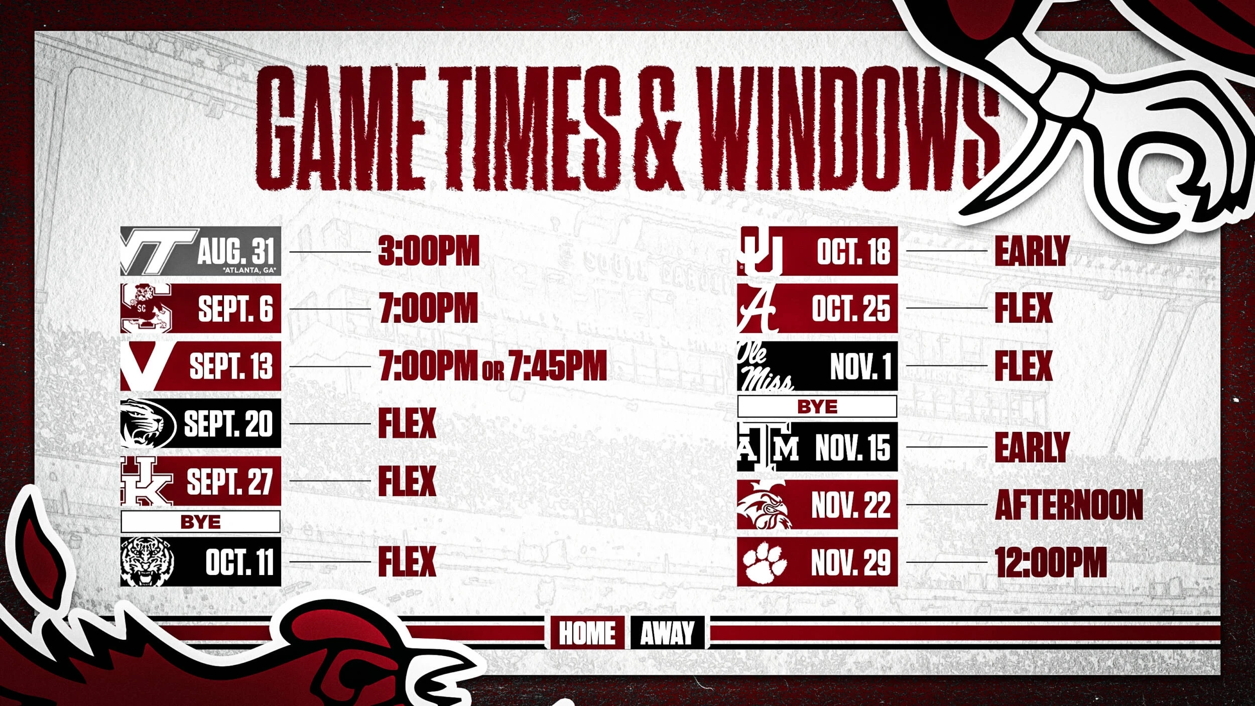 South Carolina 2025 Football Game Time Windows Set University Of 