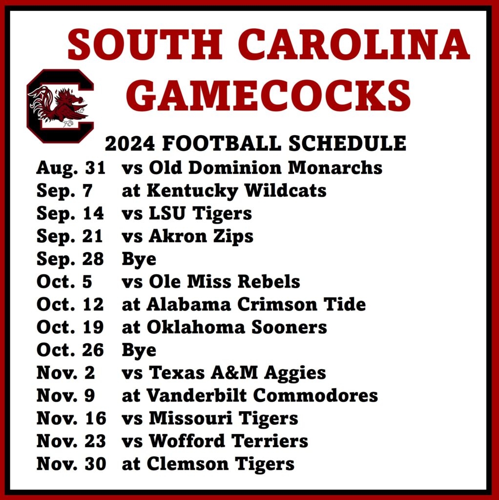 South Carolina Printable Football Schedule