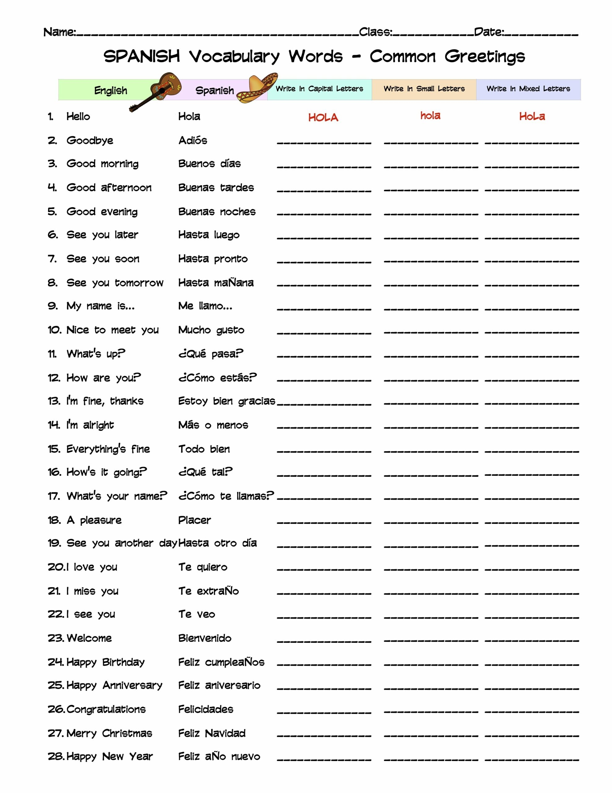 Spanish Common Greetings Vocabulary Word List Column Worksheet Spanish Common Greetings Vocabulary Word List Column Worksheet