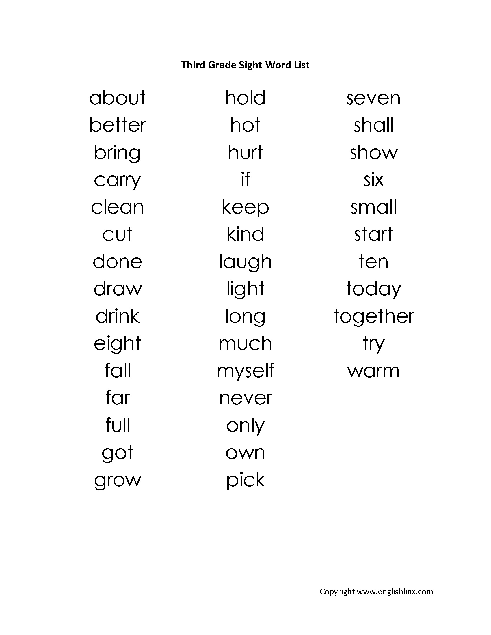 Printable Third Grade Spelling Lists