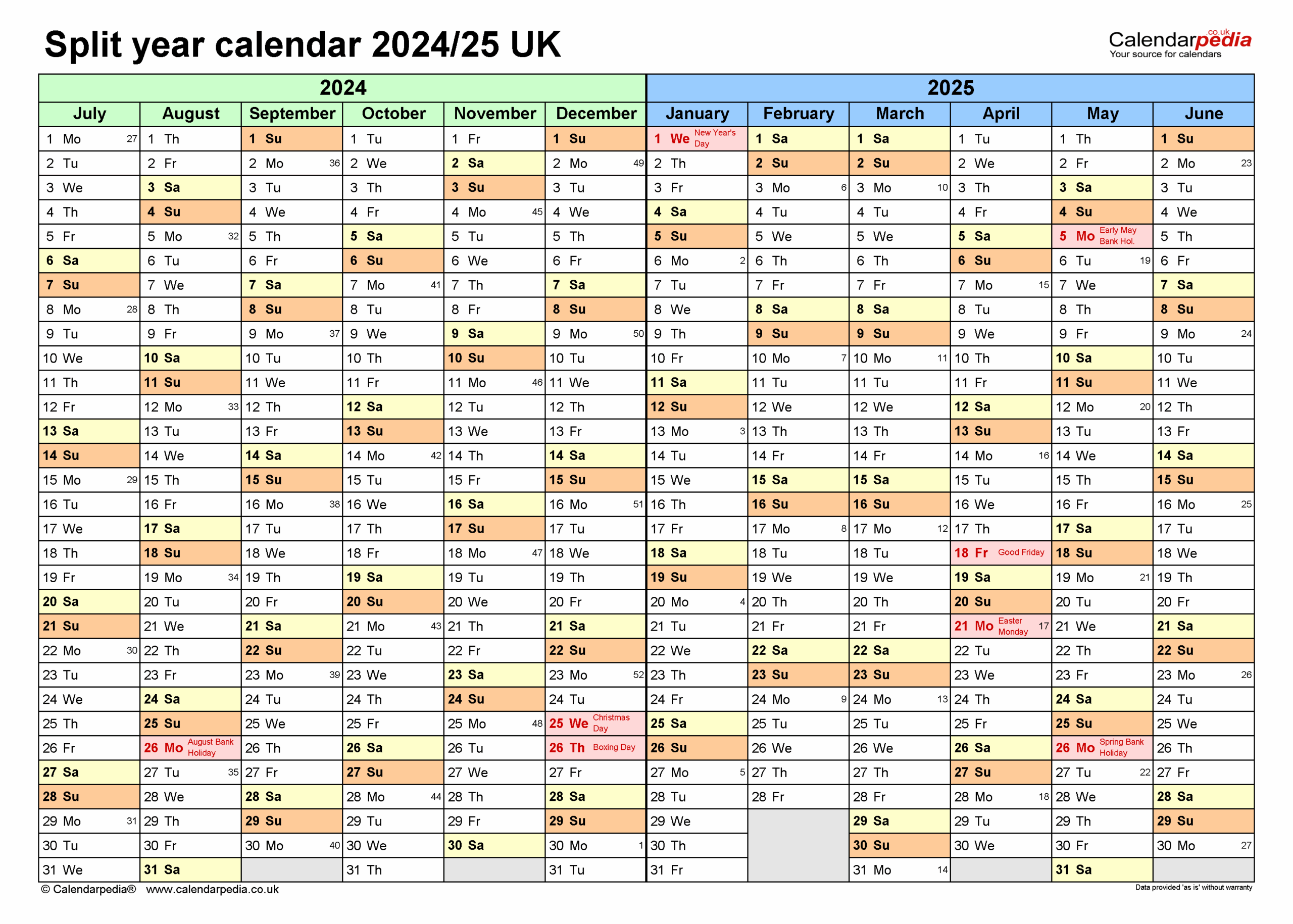 Split Year Calendars 2024 25 UK July To June For PDF