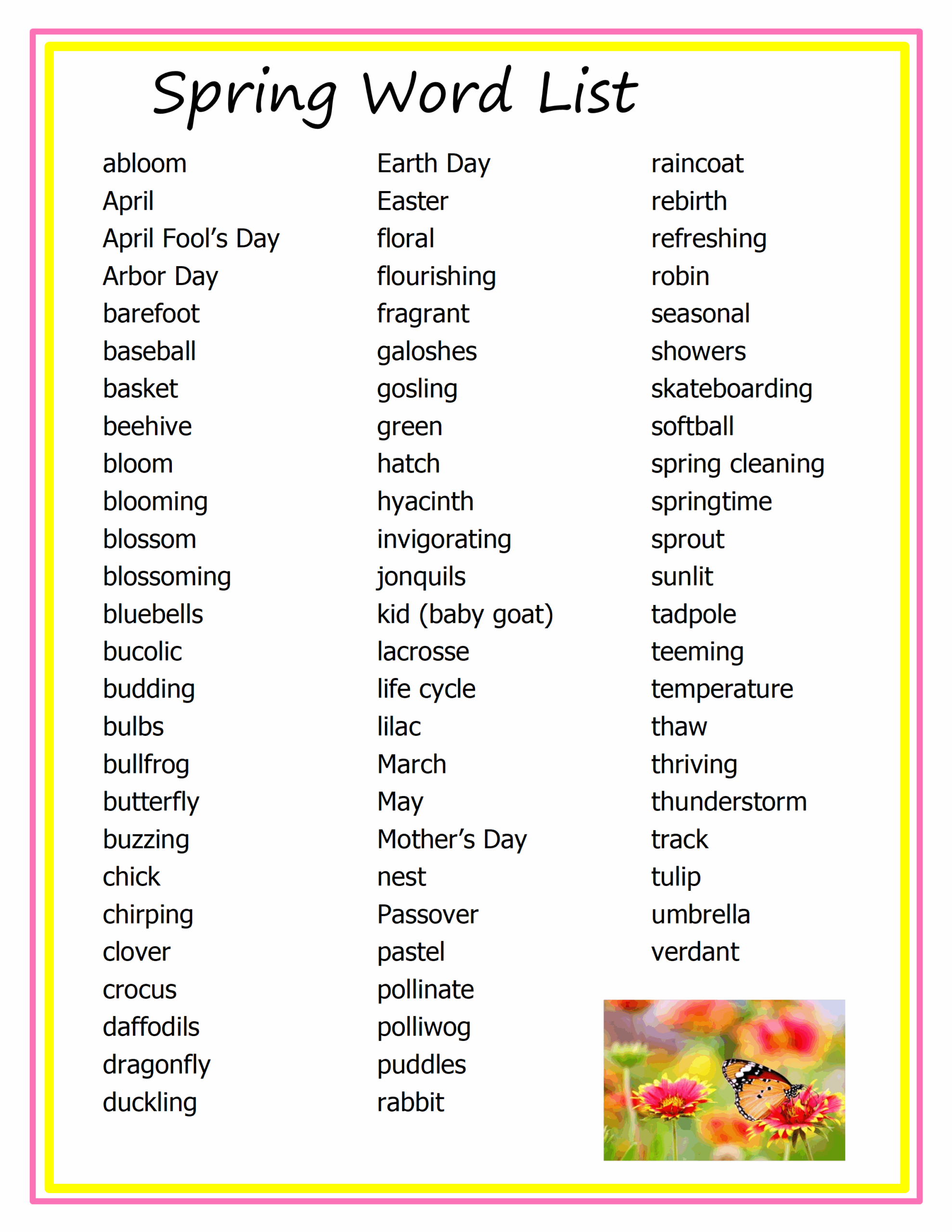 Spring Word List Printable Spring Word List Printable