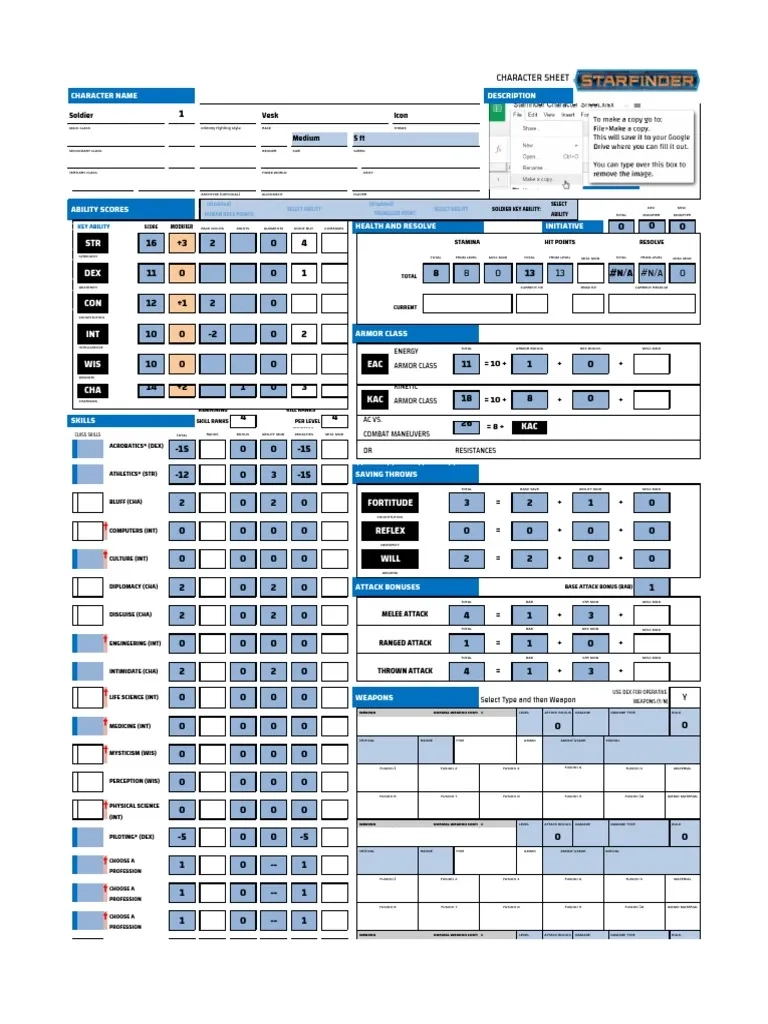 Starfinder Character Sheet PDF Role Playing Games Armed Conflict