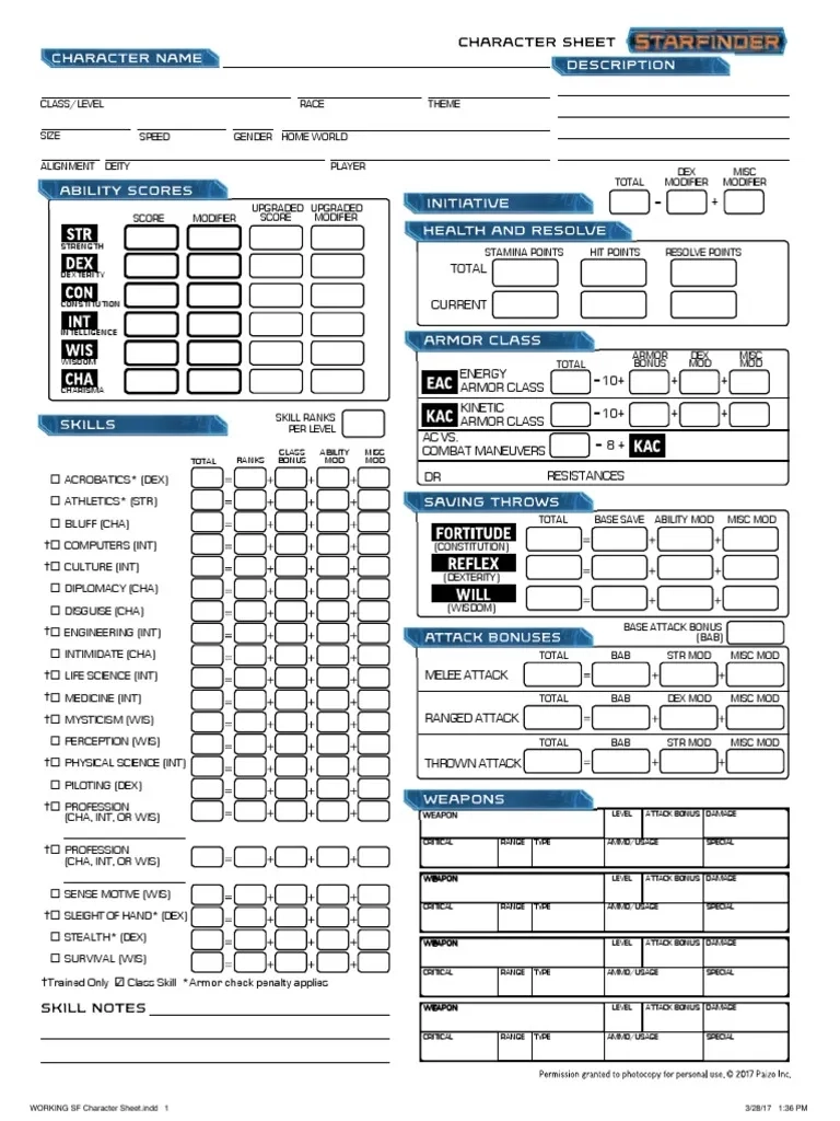 Starfinder Character Sheet PDF Role Playing Games Gaming