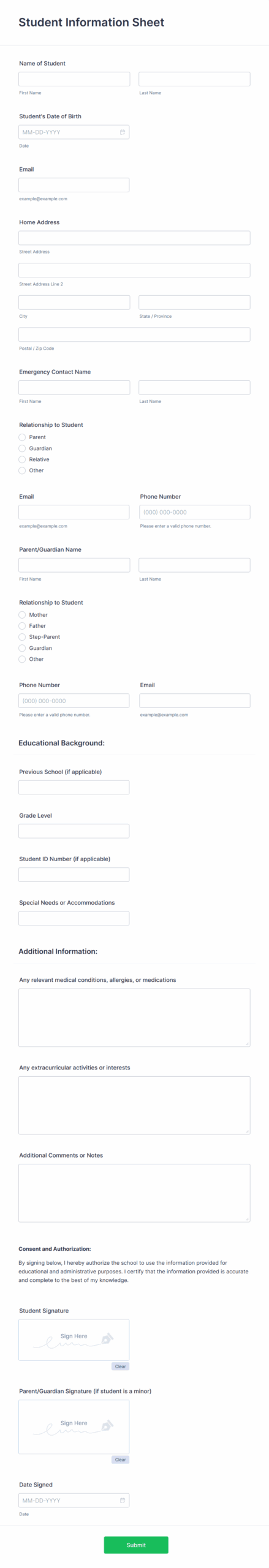 Sample Student Information Sheet Printable