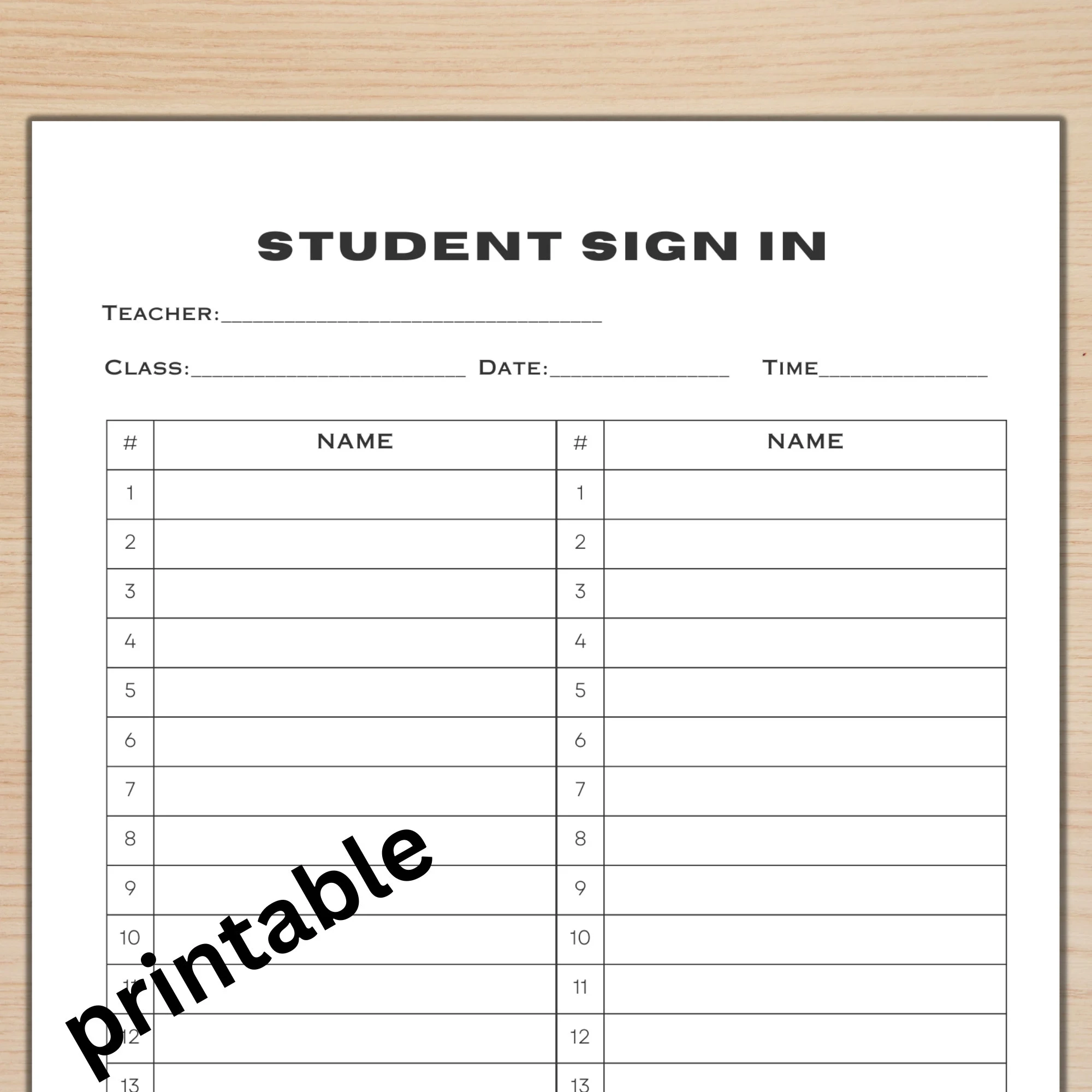 Printable Sign In Sheet For Students