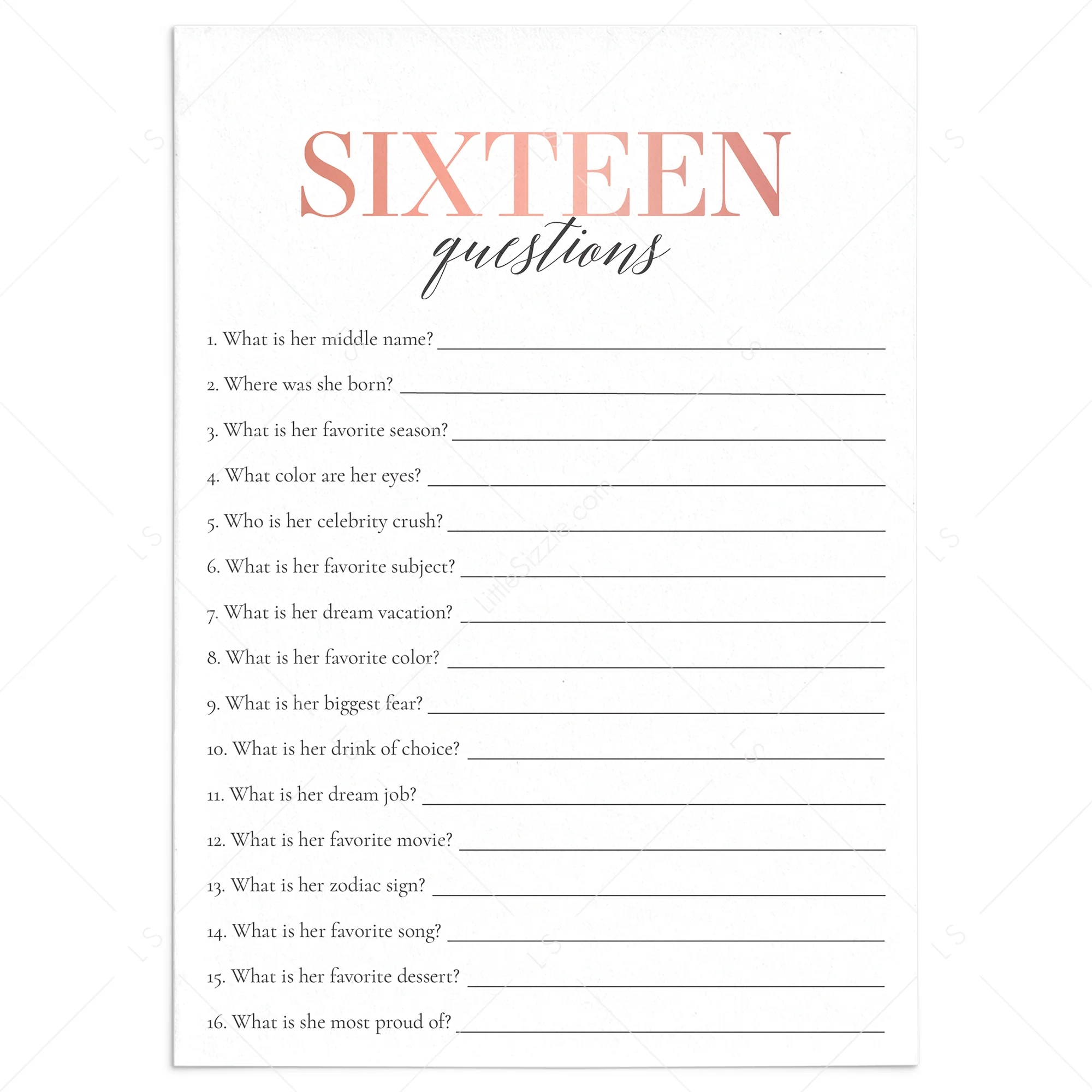 Sweet Sixteen Party Game How Well Do You Know The Birthday Girl Printa