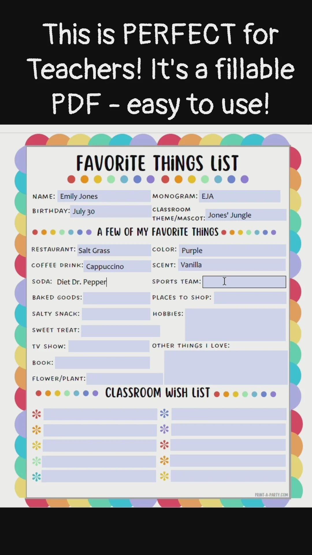 Teacher Favorite Things List Edit Via A Fillable PDF Printable 