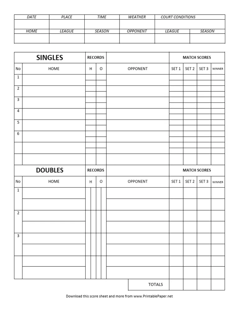 Tennis Score Sheet PDF