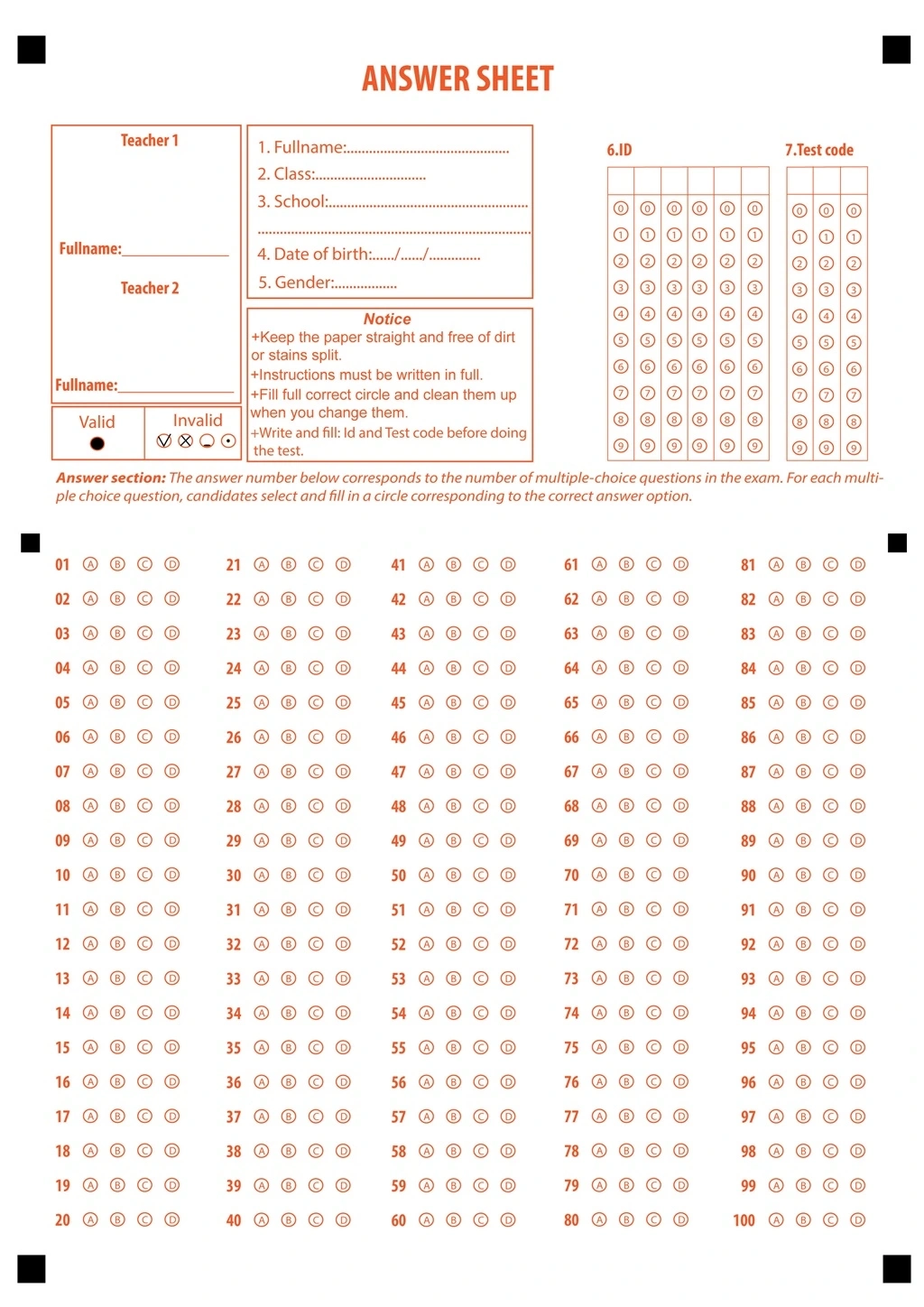 Multiple Choice Test Answer Sheet Printable