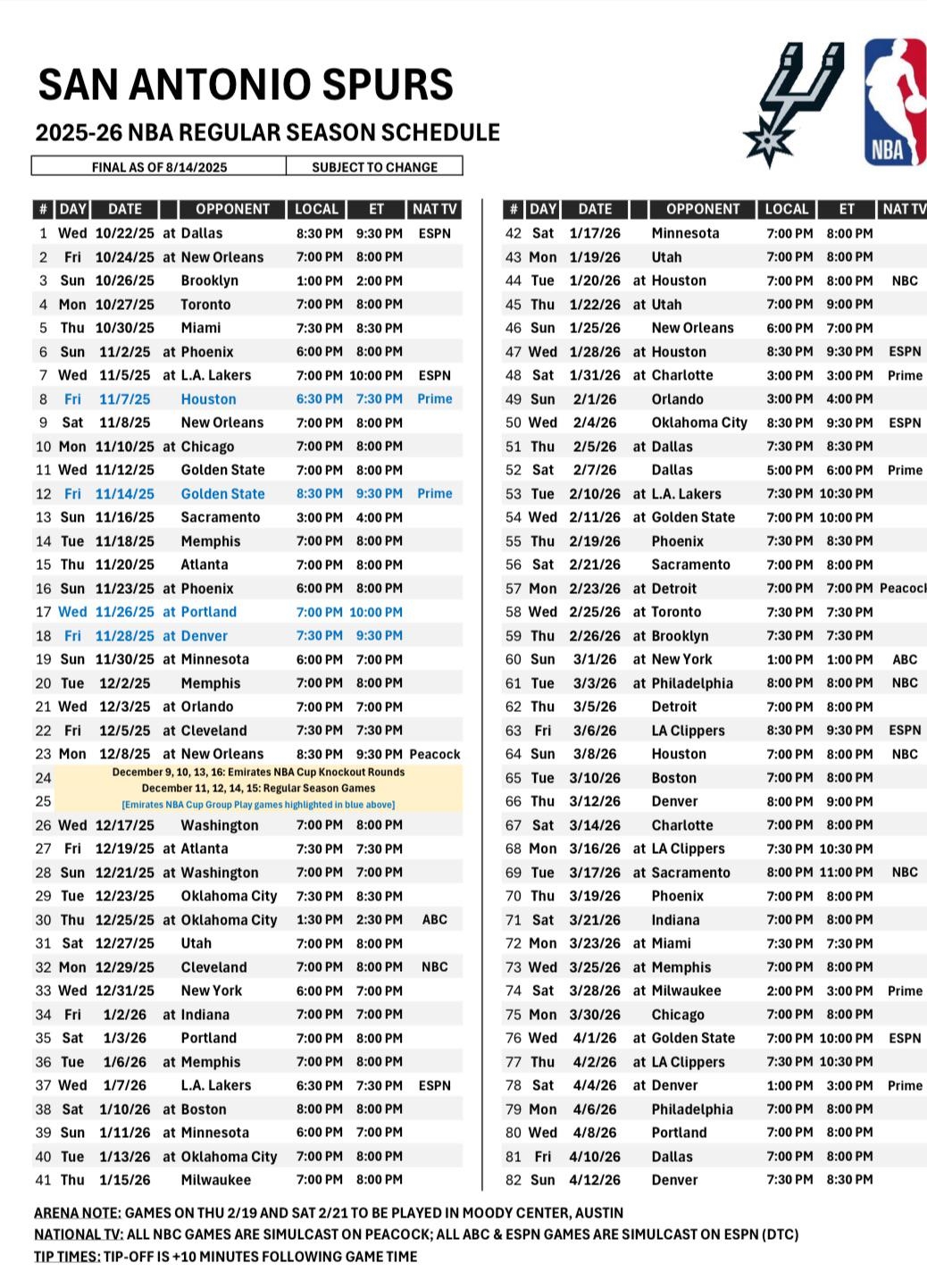Spurs Schedule 2026 Printable Spurs Schedule 2026 Printable