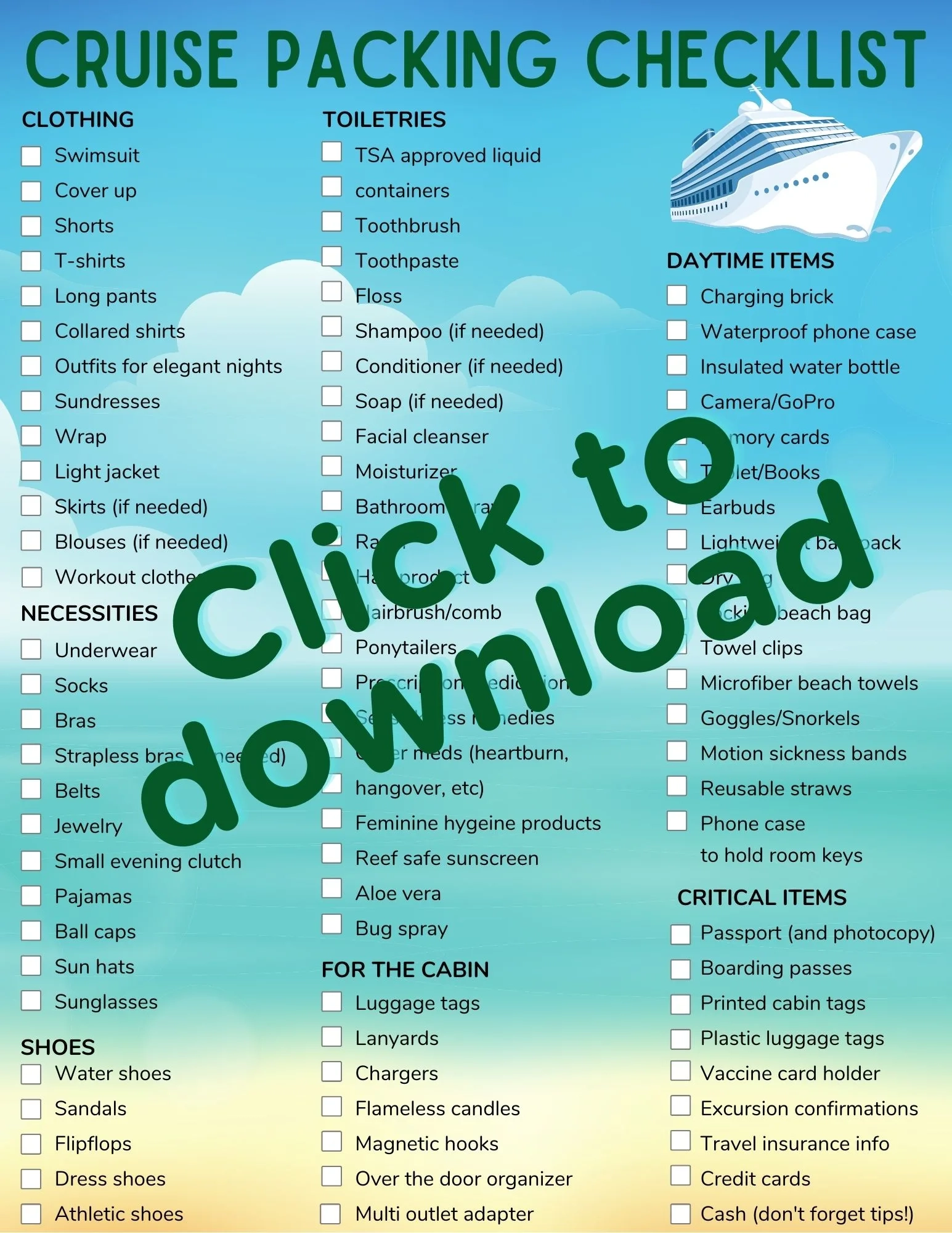 Ultimate Cruise Tip List Printable