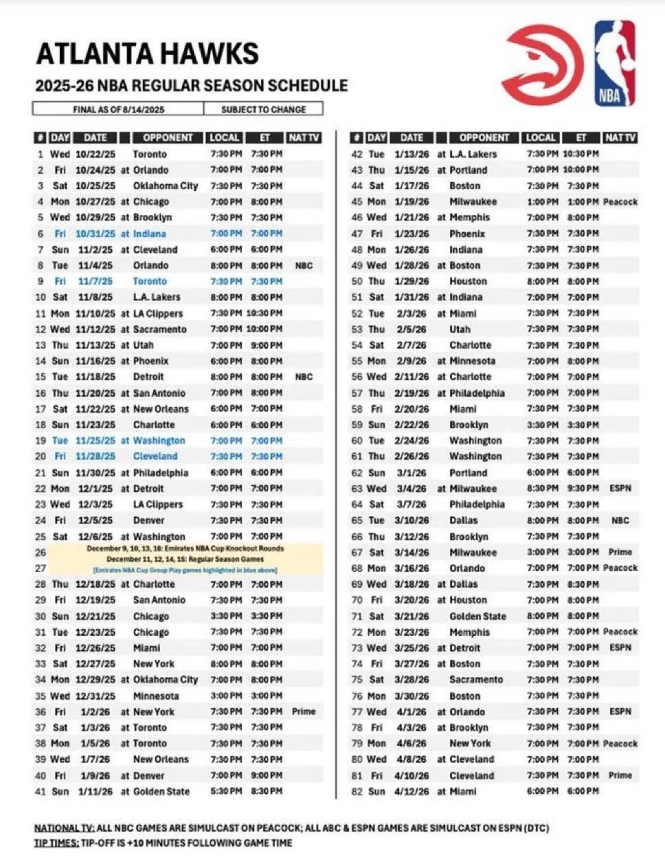 The Hawks Full 2025 2026 Schedule R AtlantaHawks