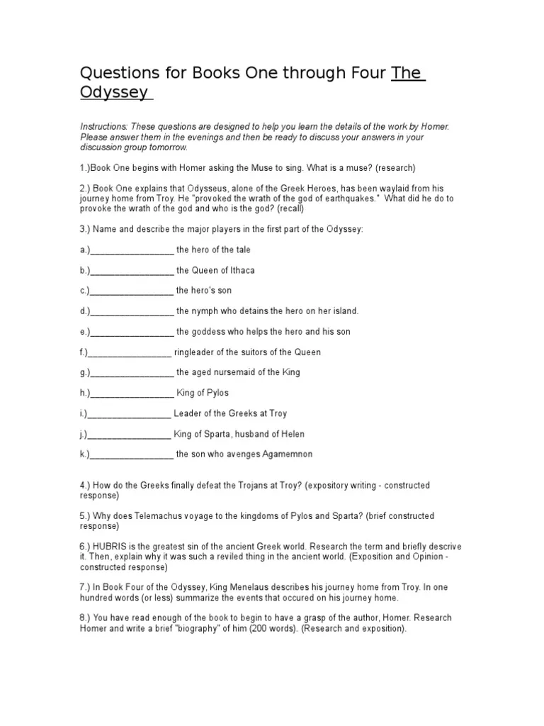The Odyssey Questions Books 1 4 PDF Odyssey Mythology The Odyssey Questions Books 1 4 PDF Odyssey Mythology