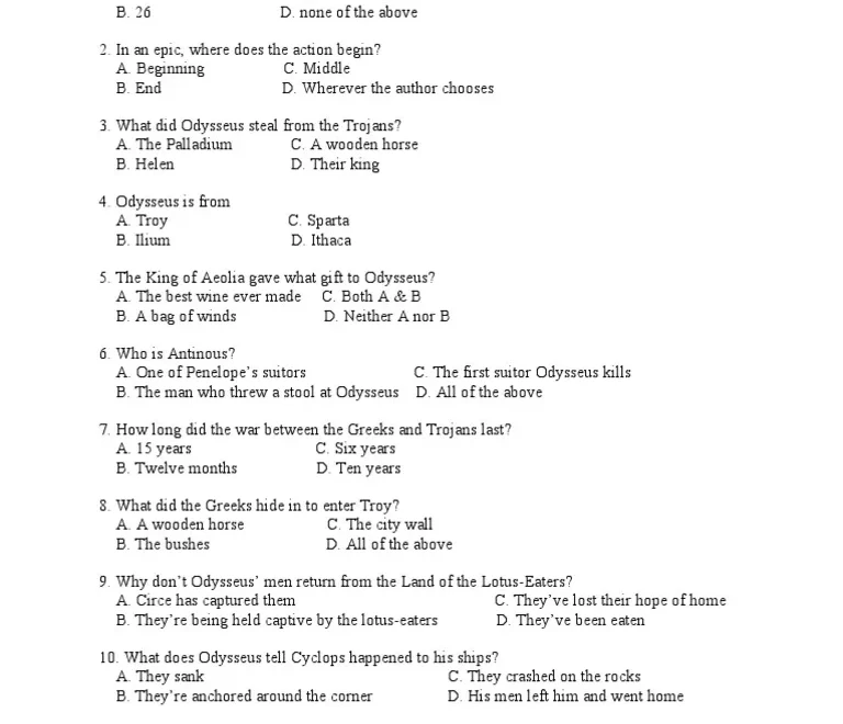 The Odyssey Unit Test PDF Odysseus Odyssey