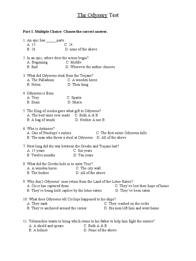 The Odyssey Unit Test PDF Odysseus Odyssey