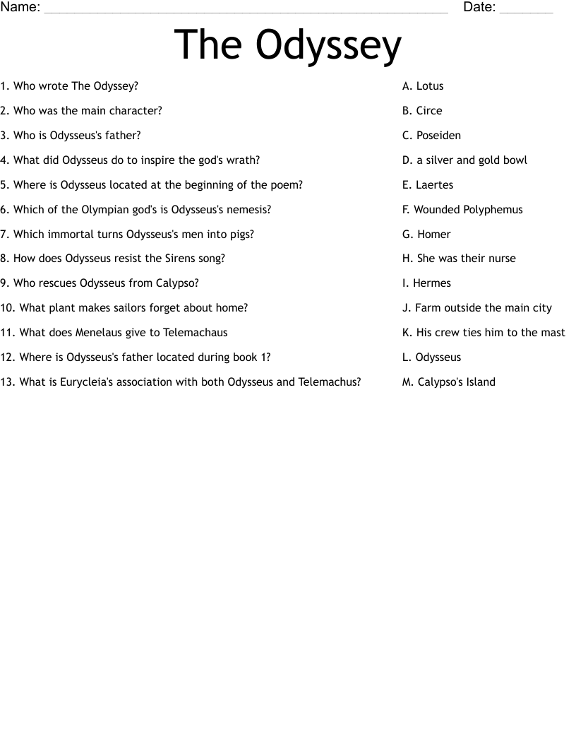 The Odyssey Book I Printable Quiz The Odyssey Book I Printable Quiz