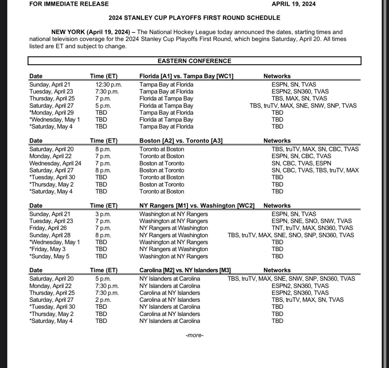 Nhl Playoff Tv Schedule Printable