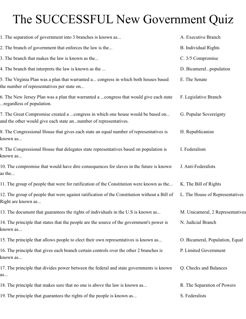The SUCCESSFUL New Government Quiz Worksheet WordMint