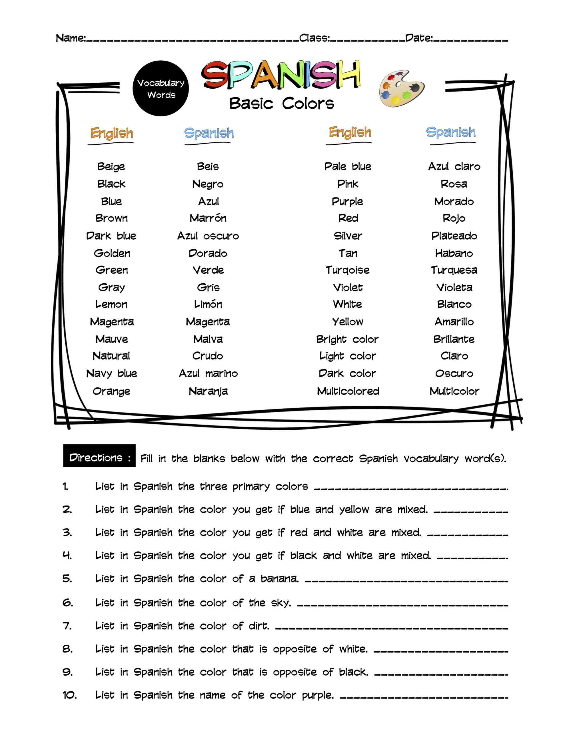 Spanish 1 Printable Vocabulary List Spanish 1 Printable Vocabulary List