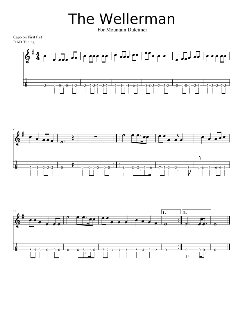 The Wellerman For Mountain Dulcimer Sheet Music And Tab For Violin Strings Plucked other Solo MuseScore