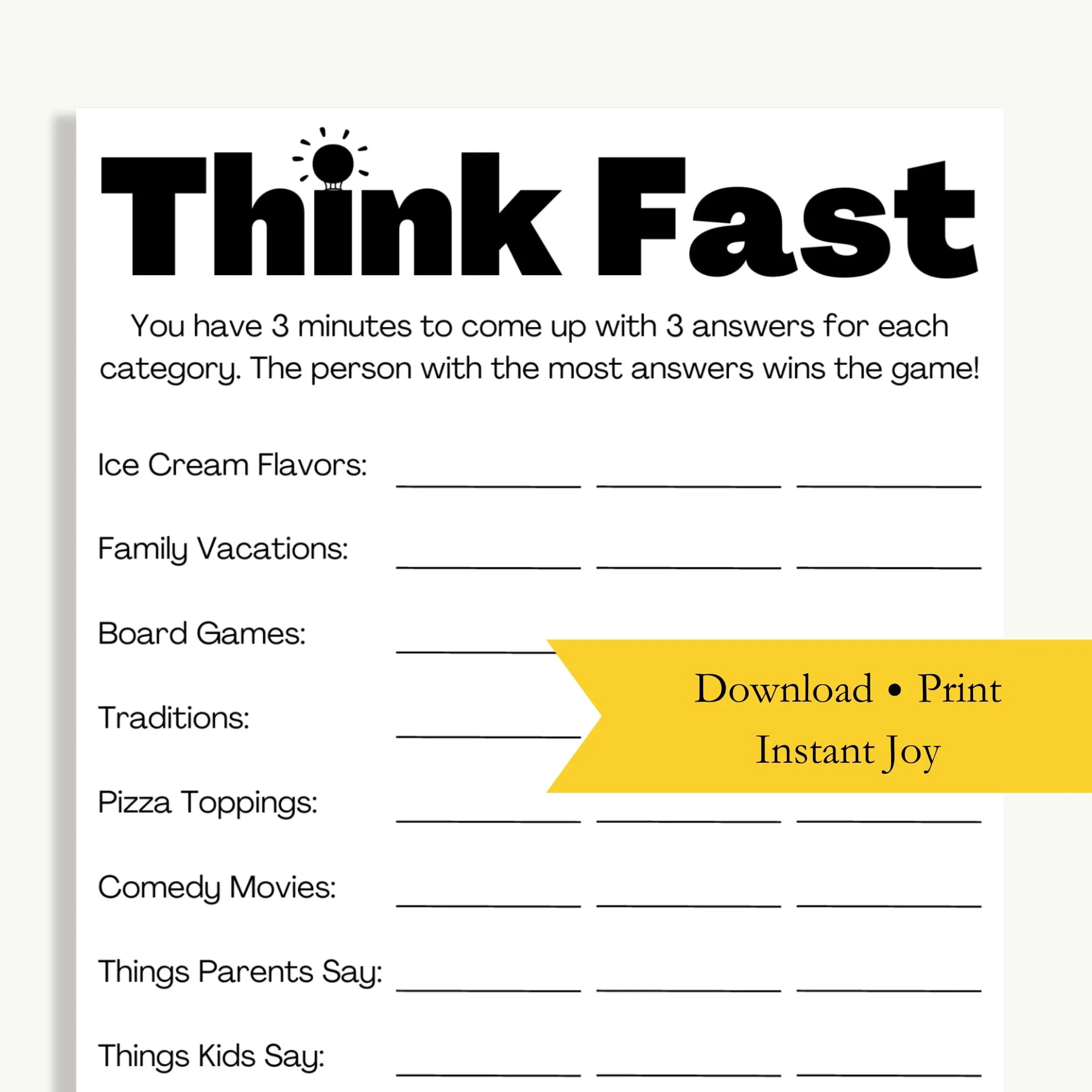 Think Fast Game Printable Sheet