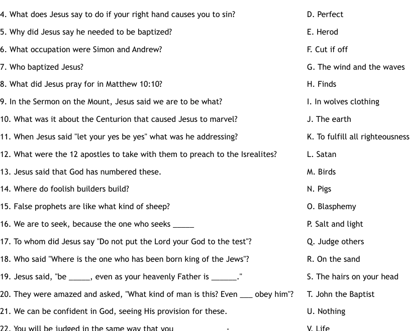 Through Matthew 10 Review Questions Worksheet WordMint