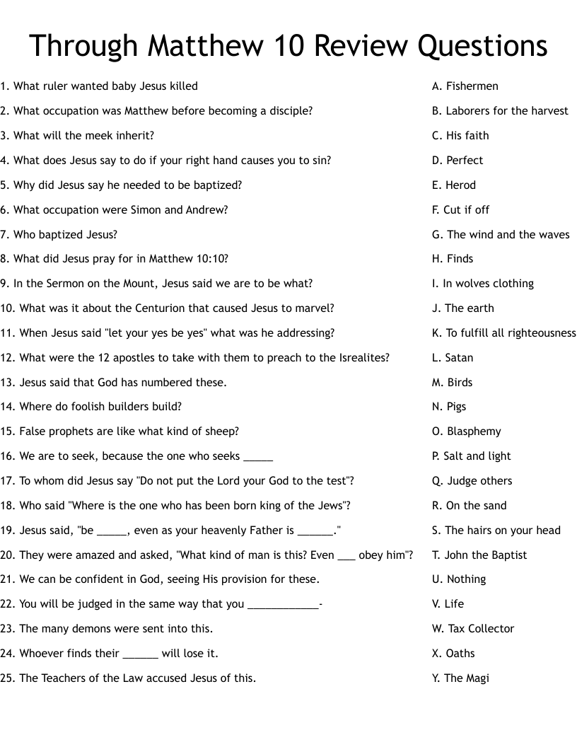 Through Matthew 10 Review Questions Worksheet WordMint Through Matthew 10 Review Questions Worksheet WordMint