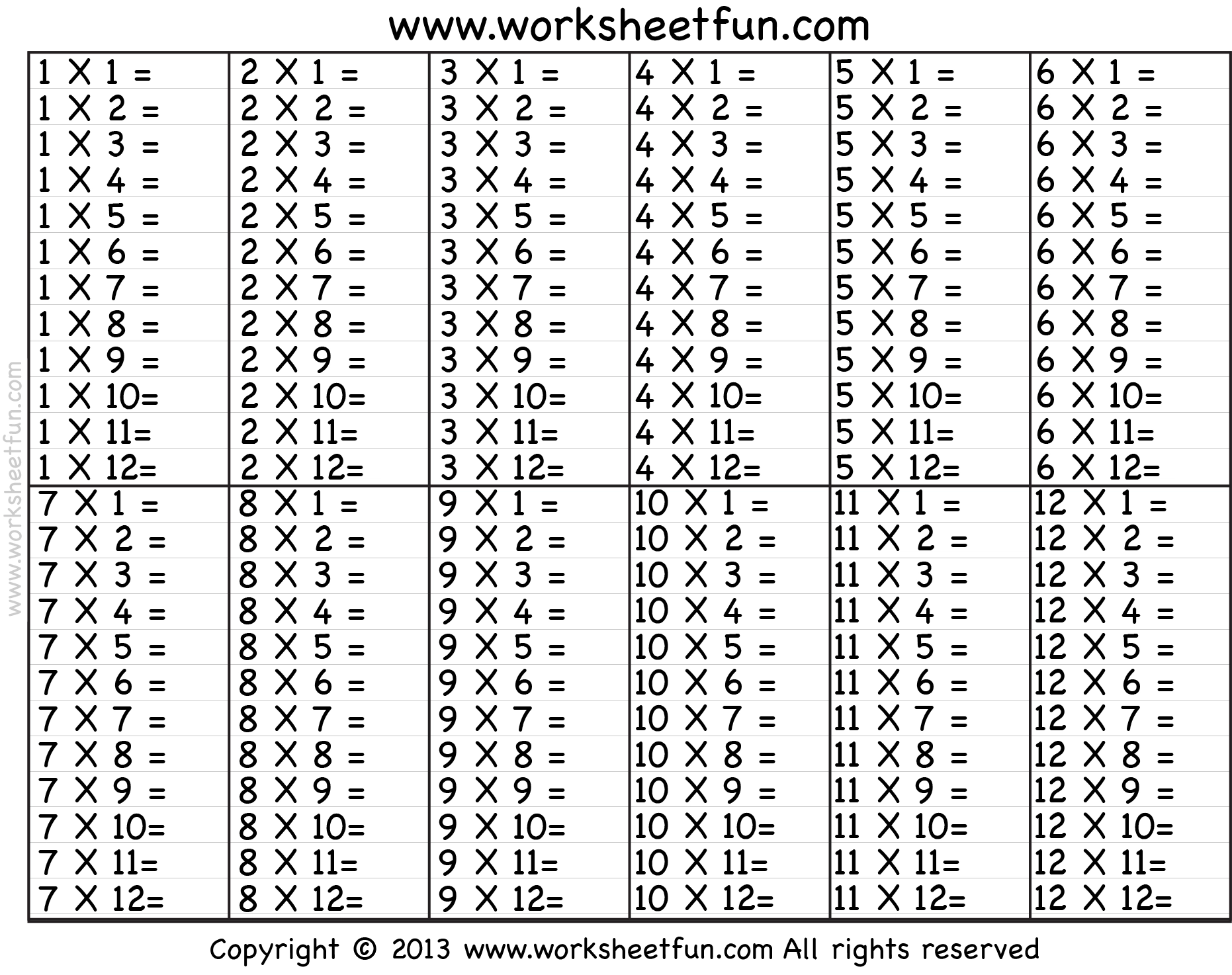 Multiplication Table Chart Practice Printable