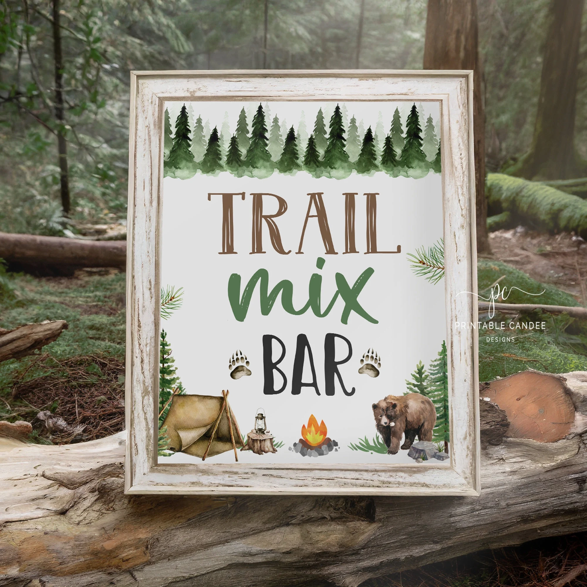 Trail Mix Bar Sign Camping Party Decor Lumberjack One Happy Camper 