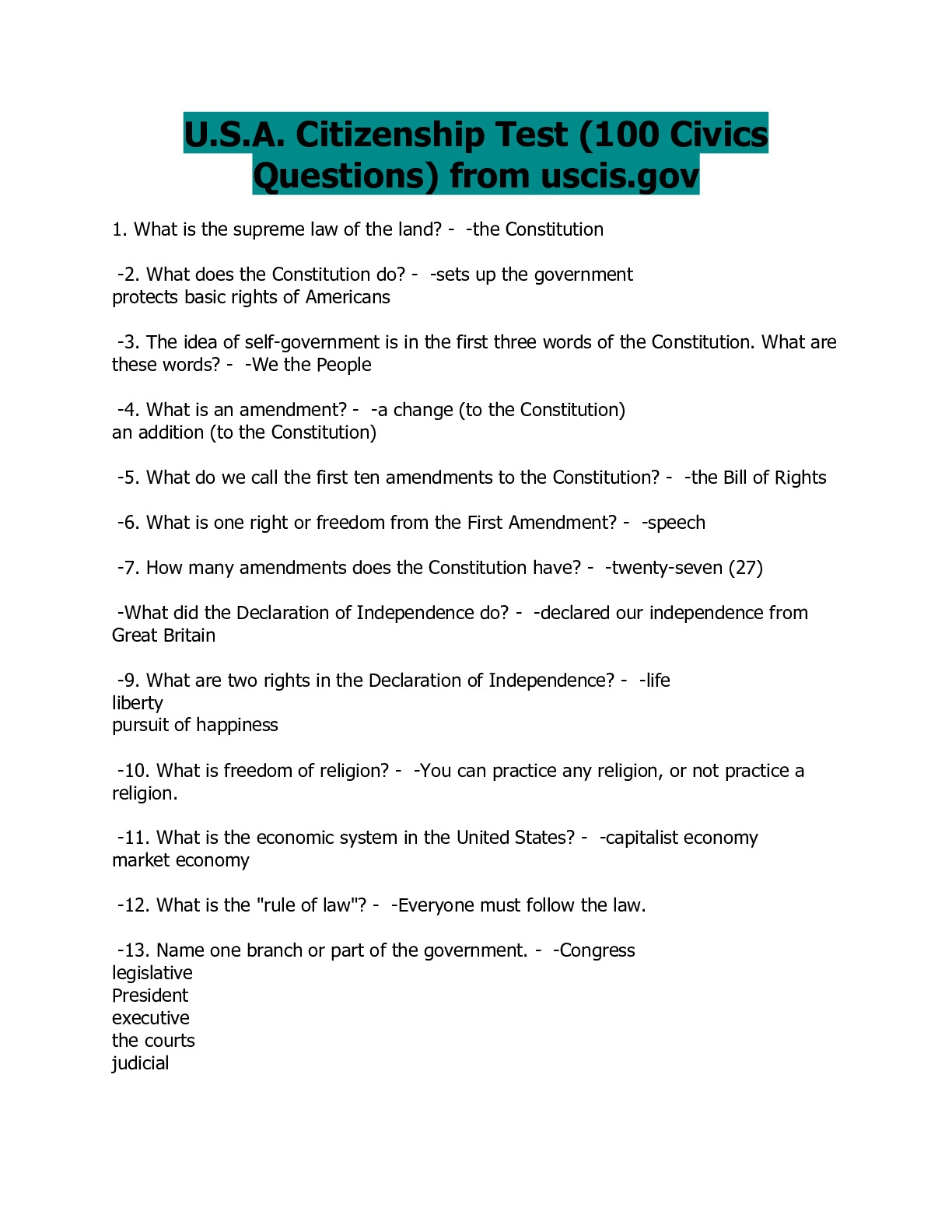 Us Citizenship Quiz Printable Citizenship Test Us Citizenship Quiz Printable Citizenship Test