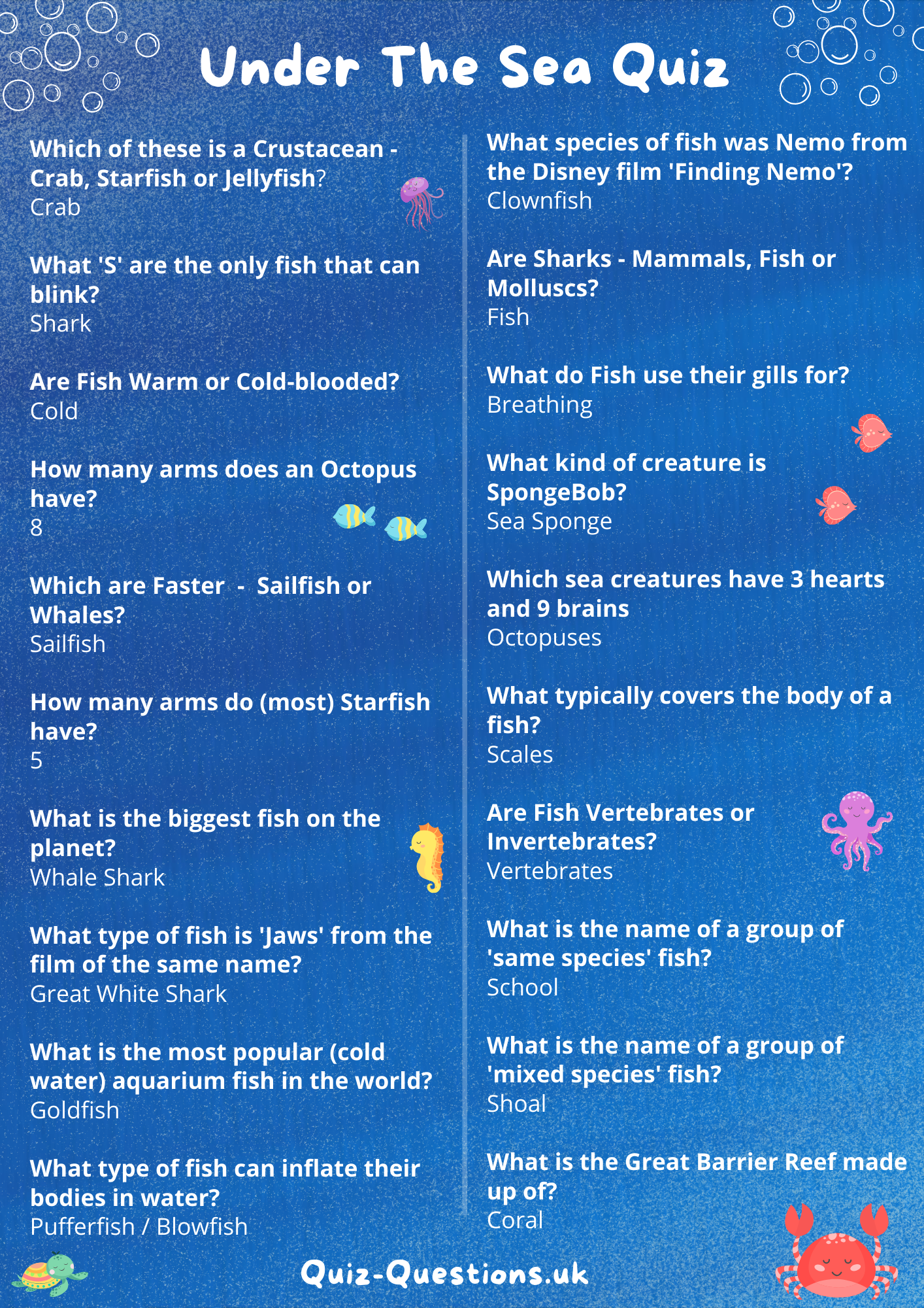 Under The Sea Trivia Printable