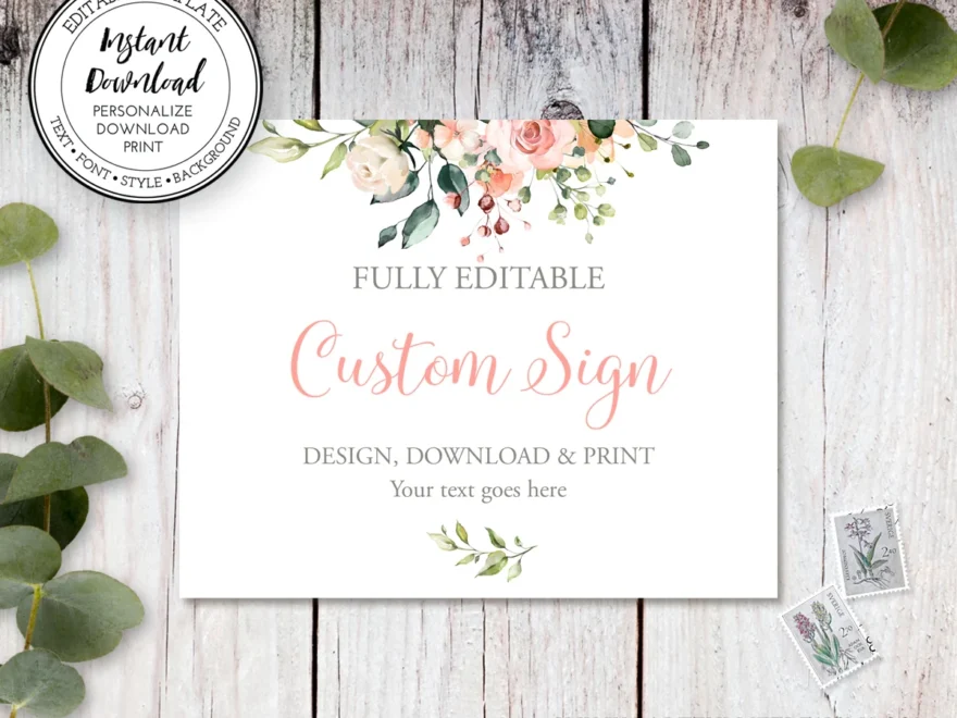 Unlimited Custom Wedding Sign Template Pink And White Floral 10