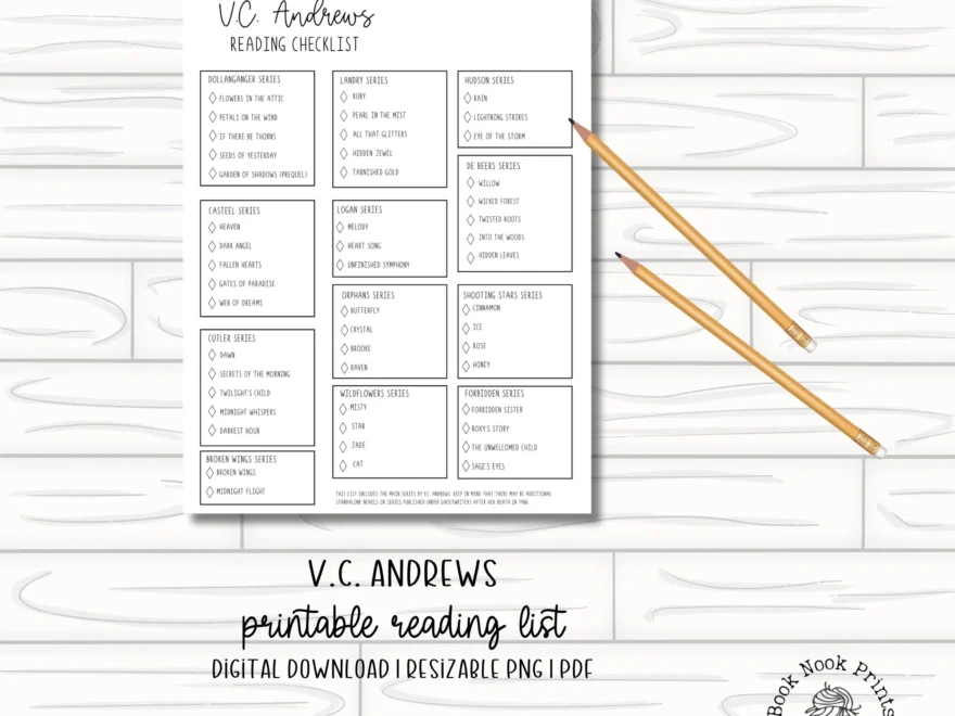 V C Andrews Reading Checklist Printable Reading List Book Tracker Reading Journal PDF Author List Horror Gothic Etsy