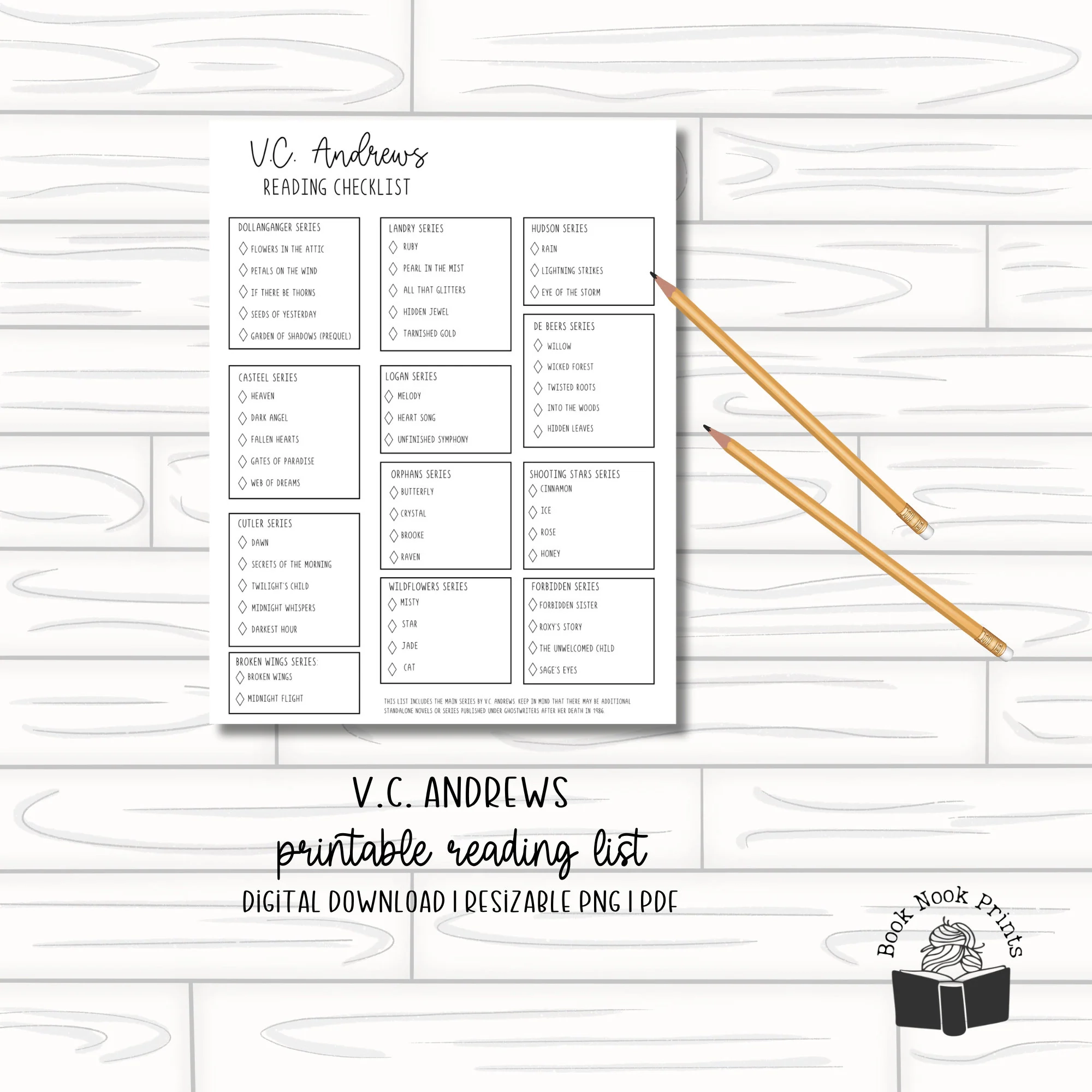 V C Andrews Reading Checklist Printable Reading List Book Tracker Reading Journal PDF Author List Horror Gothic Etsy