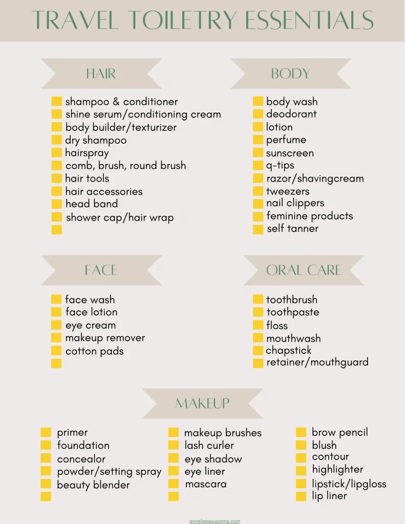 Vacation Toiletries List Printable Toiletry Bag Contents 