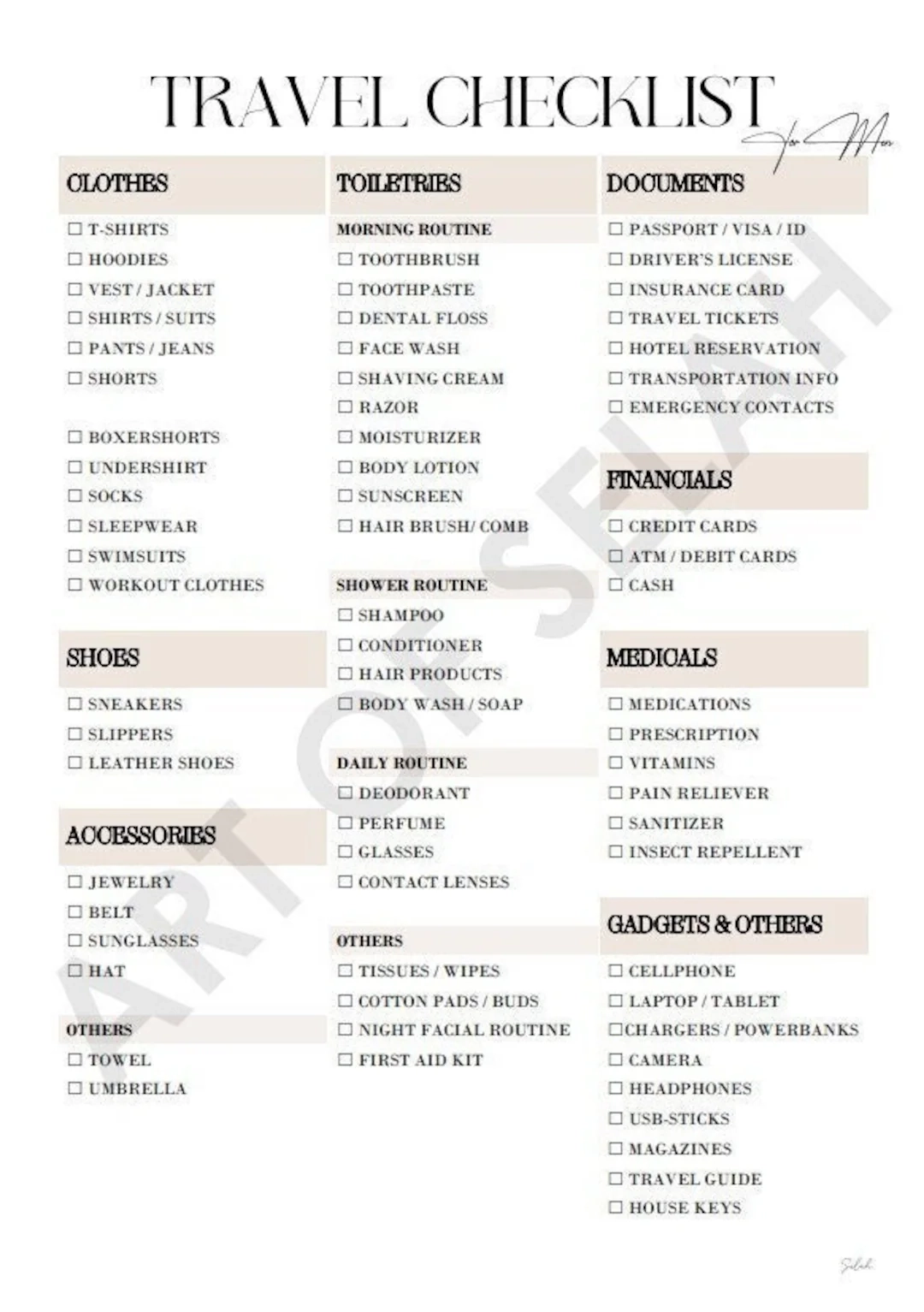 Toiletries Packing List Printable