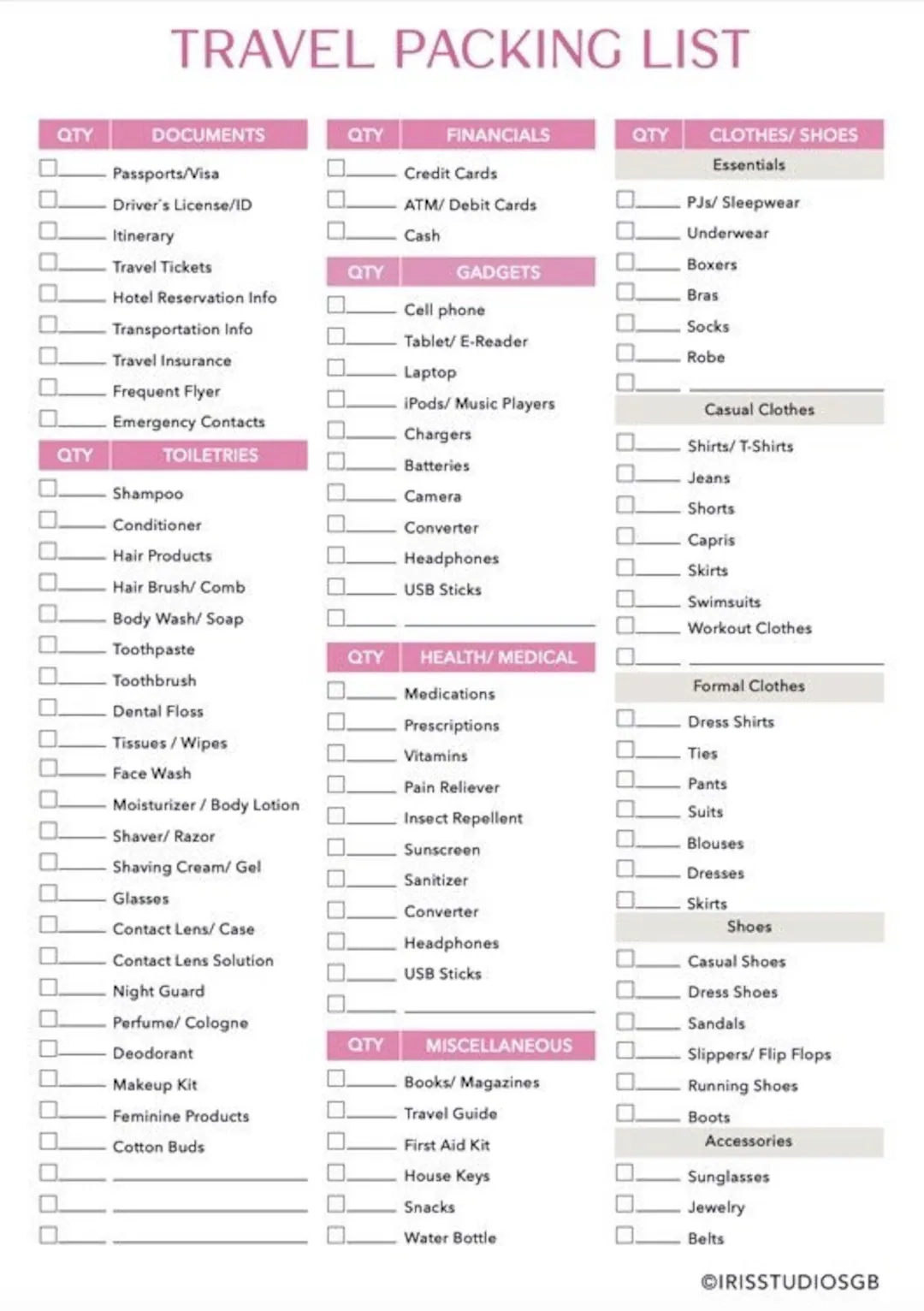 Vacation Toiletries List Travel Packing List Template A4 PDF 
