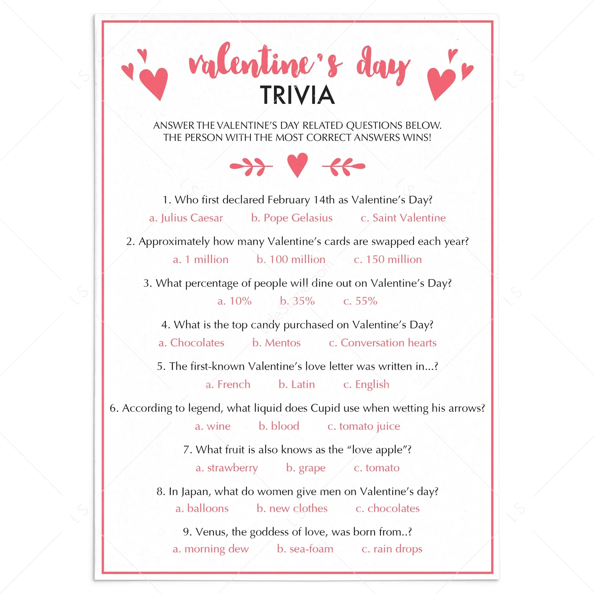 Valentine Trivia Free Printable Valentine Trivia Free Printable