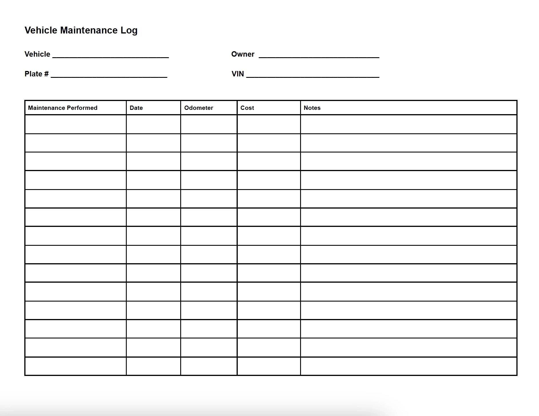 Printable Maintenance Log Sheet Printable Maintenance Log Sheet