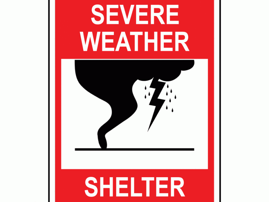 Vertical Red Severe Weather Shelter Sign Or Label Symbol