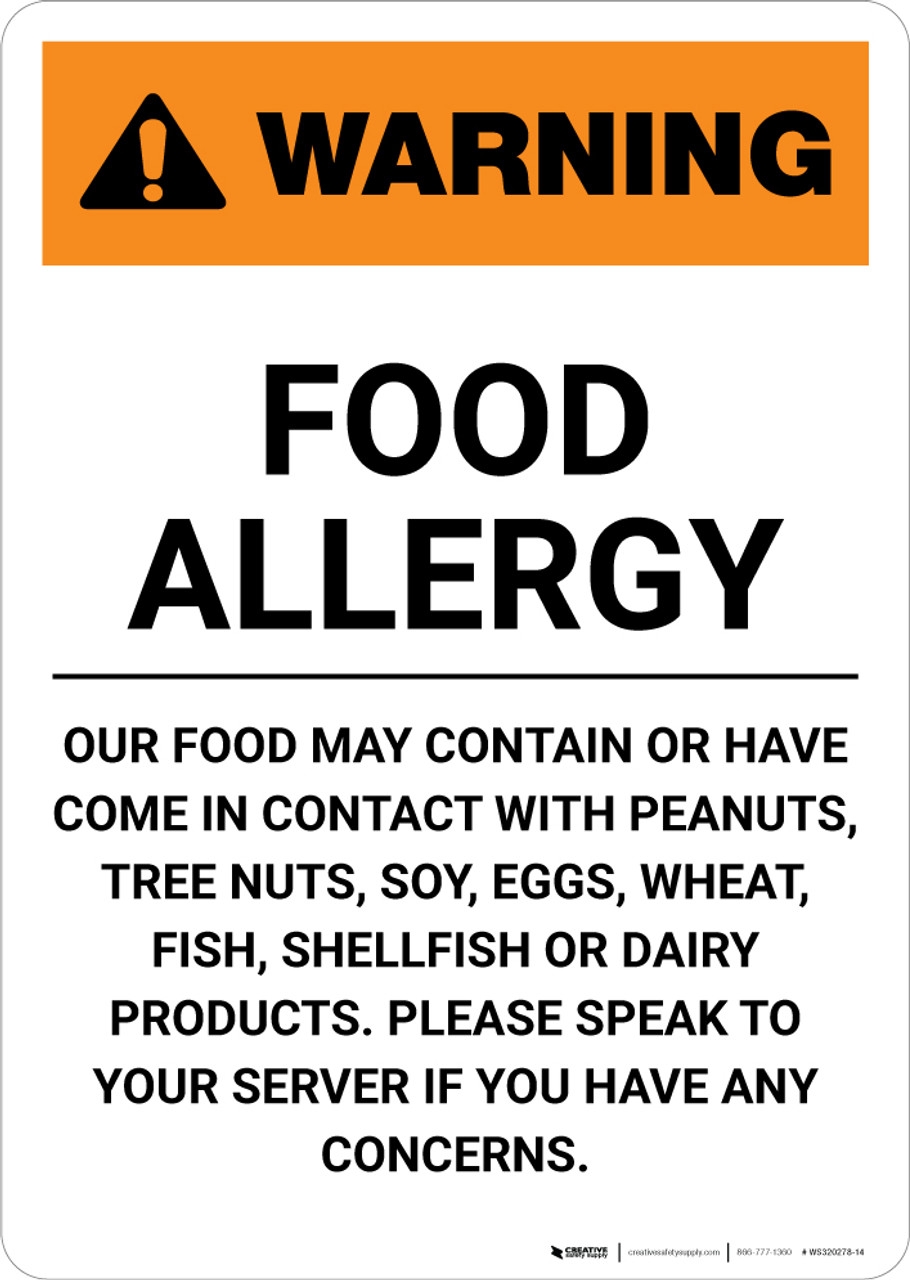 Warning Food Allergy Please Speak To Your Server If You Have Any Concerns Portrait Wall Sign